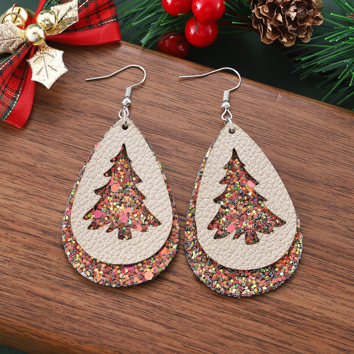 Wholesale Christmas Tree Sequin Leather Water Drop Multi-layer Earrings
